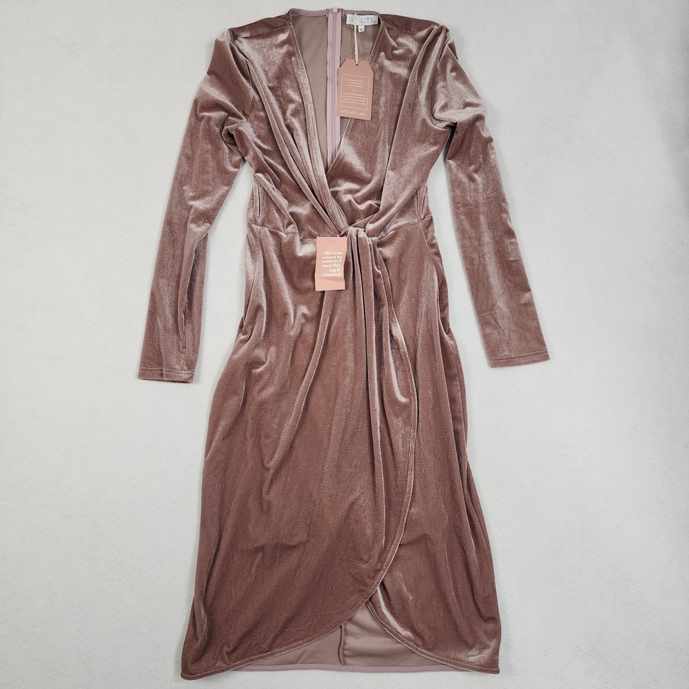 Ivy City Rylee Midi Dress Women Medium Blush Velvet Surplice Neck Party Cocktail